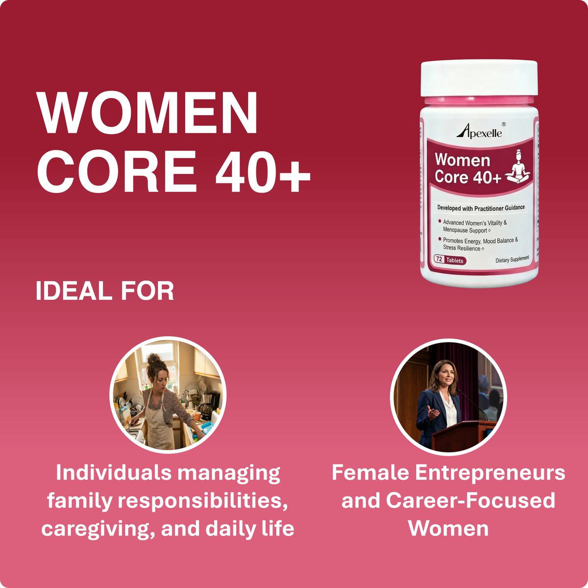 Women Core 40+, optimization for women’s vitality, energy, resilience, and healthy aging with functional nutrients and botanical herbs